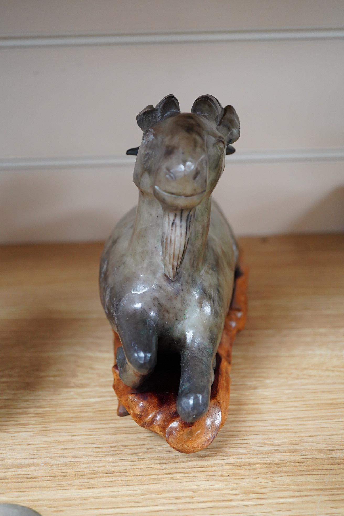 A group of Chinese collectables to include a soapstone carving of a ram, crackle glaze vase and figures of elders, largest 23cm wide